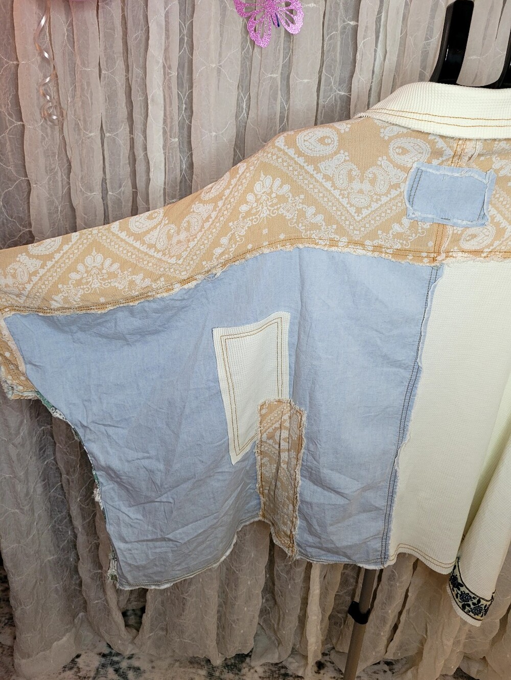 POL Button Down Denim Chambray Waffle Knit Flower Patchwork 100% Cotton Shacket - Picture 7 of 11